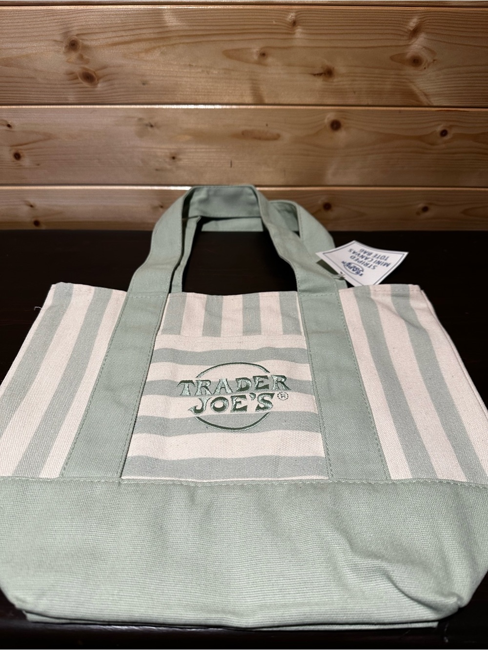 Authentic BNWT viral Trader Joe’s 2026 striped mini canvas summer tote in green